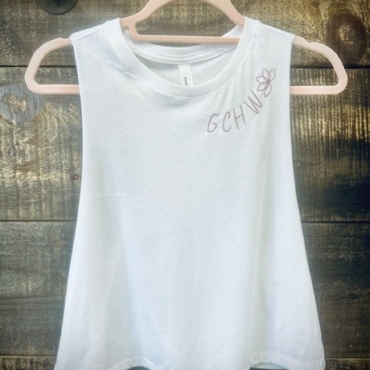 White GCHW Racerback Crop Tank